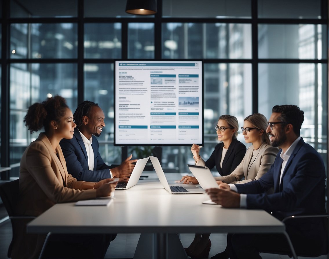 A diverse group of people reading a job posting for tech roles, with inclusive language and imagery