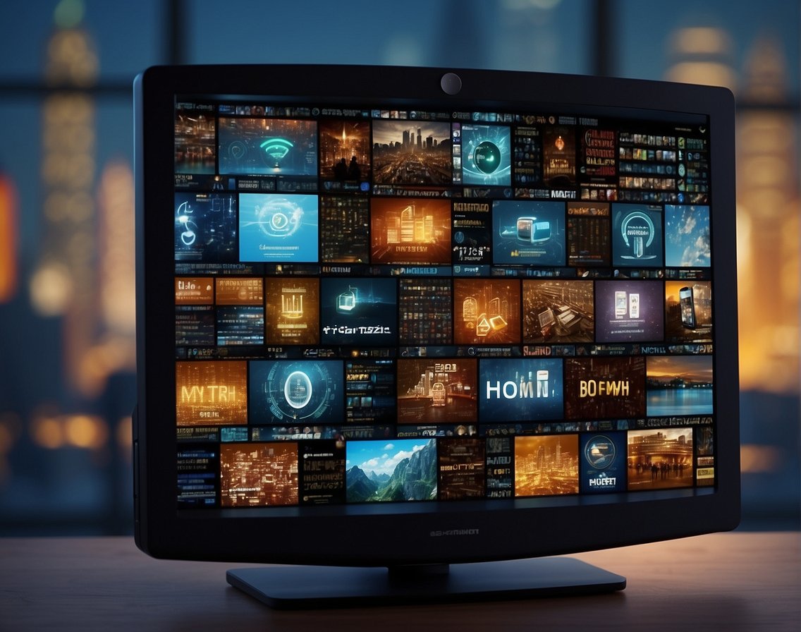 A computer screen displaying diverse tech symbols and coding languages, surrounded by inclusive language and imagery