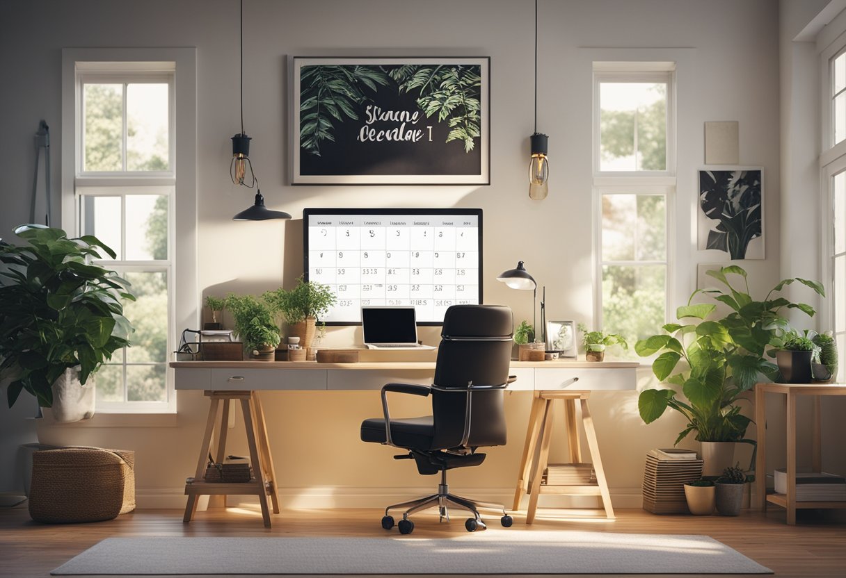 A cozy home office with a computer, desk, chair, and plants. A calendar on the wall shows deadlines. Sunlight streams in through a window