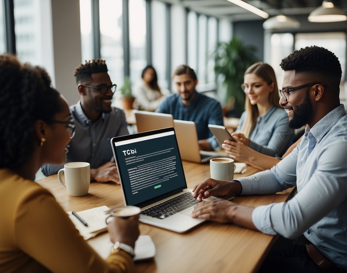 A diverse group of people reading inclusive tech job ads on various devices in a modern, open office setting
