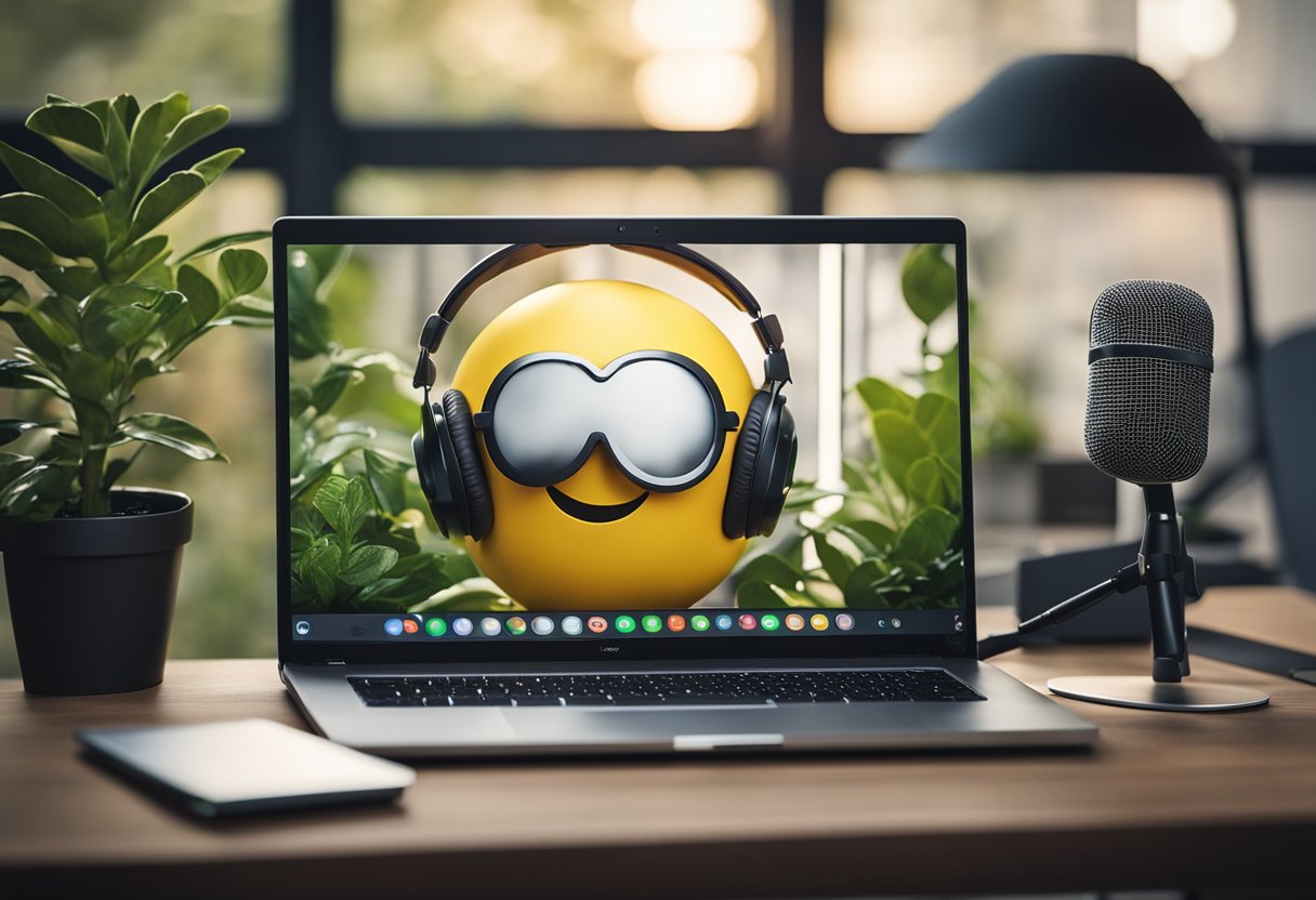 A laptop with a headset and microphone, surrounded by a cozy home office setup with a desk, chair, and plants. A smiling emoji on the screen