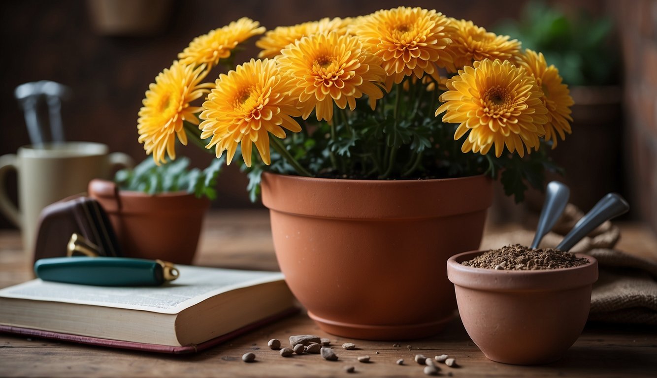 A vibrant chrysanthemum plant in a terracotta pot, surrounded by gardening tools and a beginner's guide book