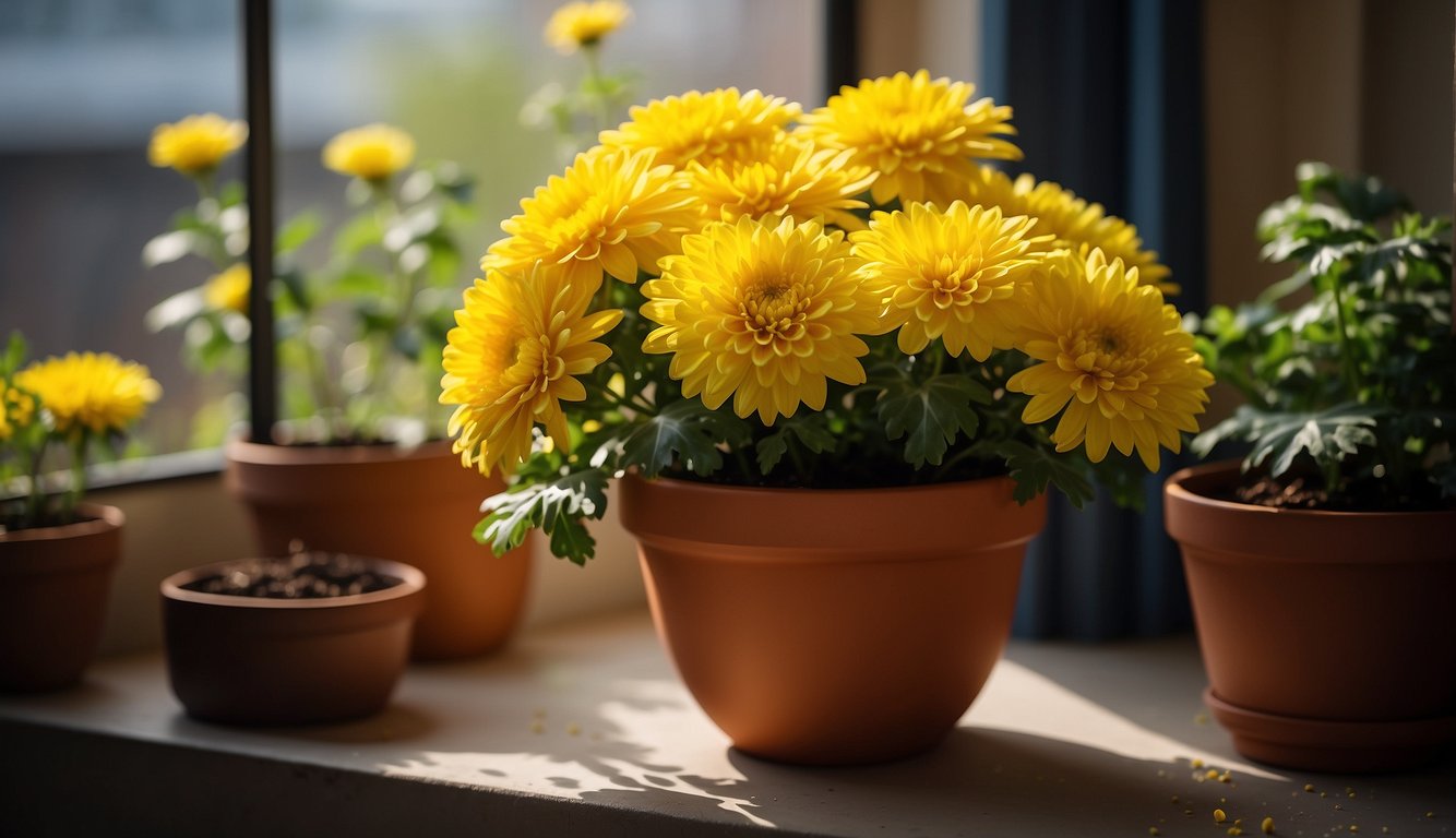 Bright yellow chrysanthemums in a terracotta pot, placed on a sunny windowsill.

Water droplets glisten on the leaves, and a small bag of fertilizer sits nearby