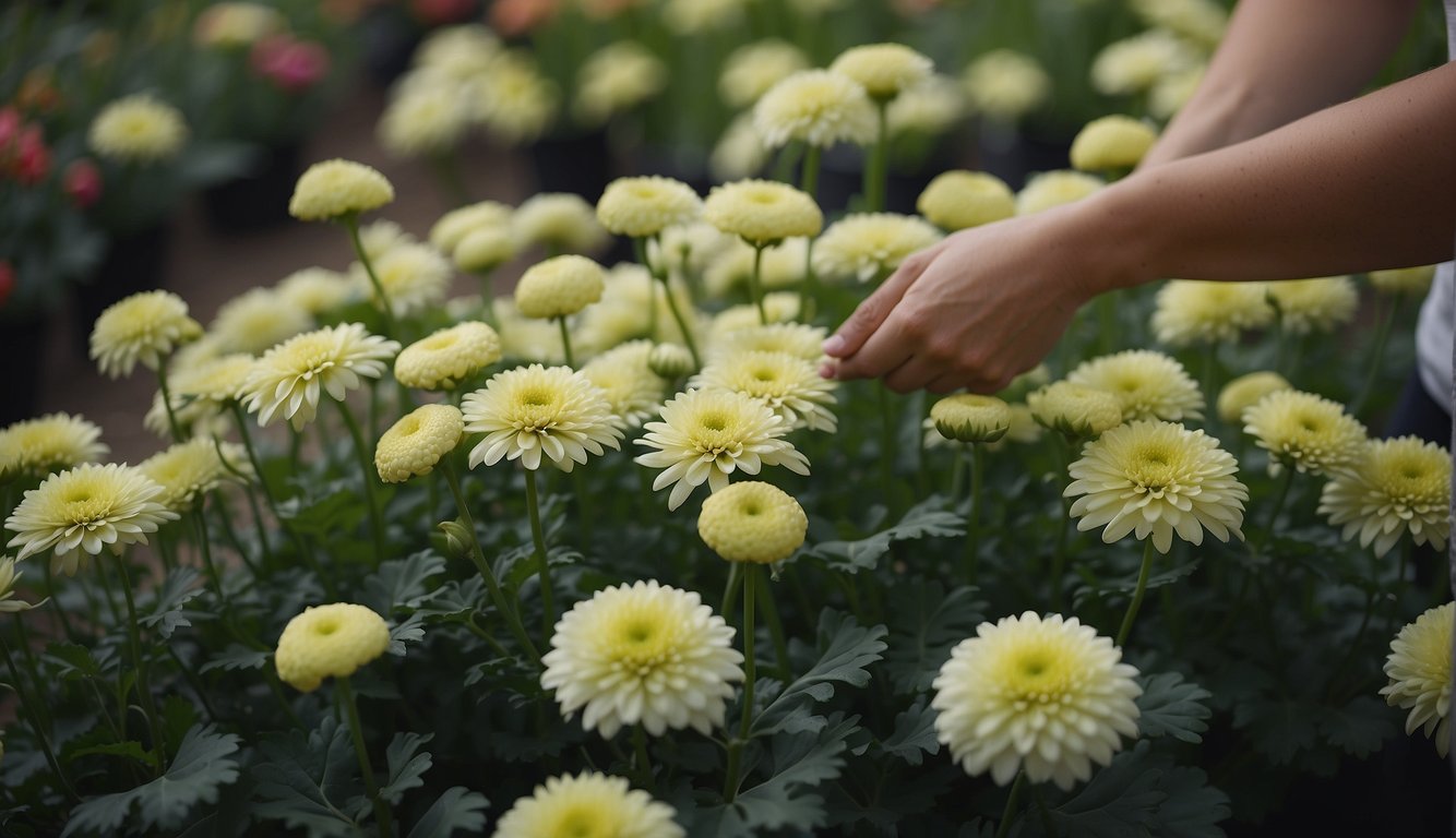 Lush green leaves surround vibrant chrysanthemum flowers in full bloom.

A gardener carefully tends to the plant, showcasing the process of nurturing and growing chrysanthemums