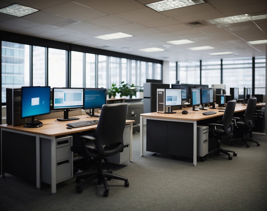 An office setting with computers and AI technology assisting in the recruitment process for IT candidates