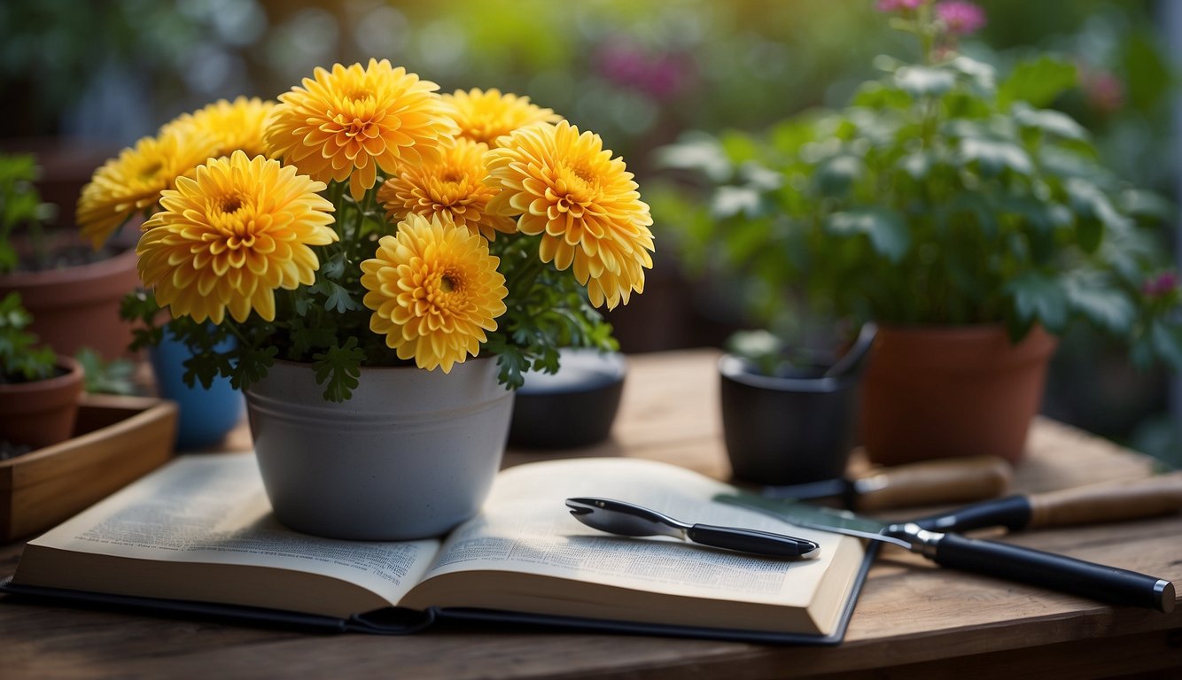 A vibrant chrysanthemum plant in a pot, surrounded by gardening tools and a beginner's guide book