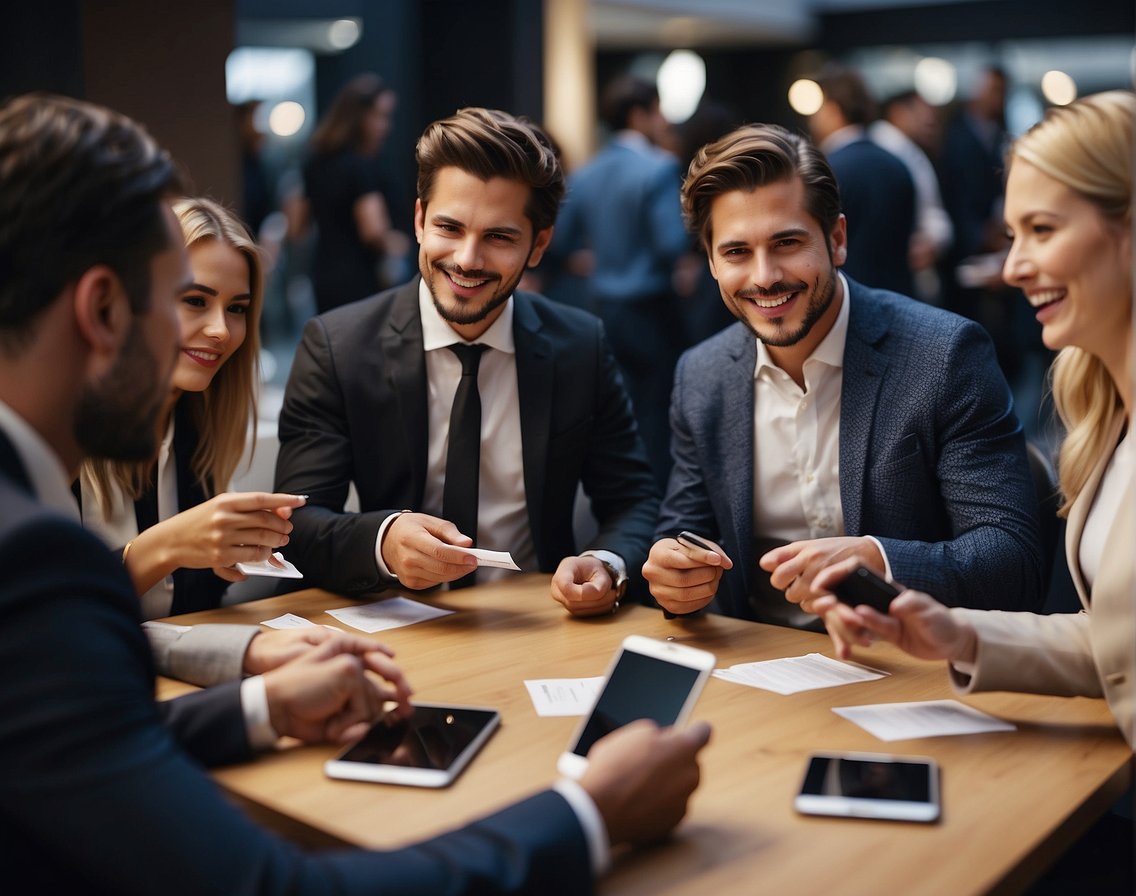 A group of IT recruiters engaging in networking activities, exchanging business cards and discussing industry trends at a professional event