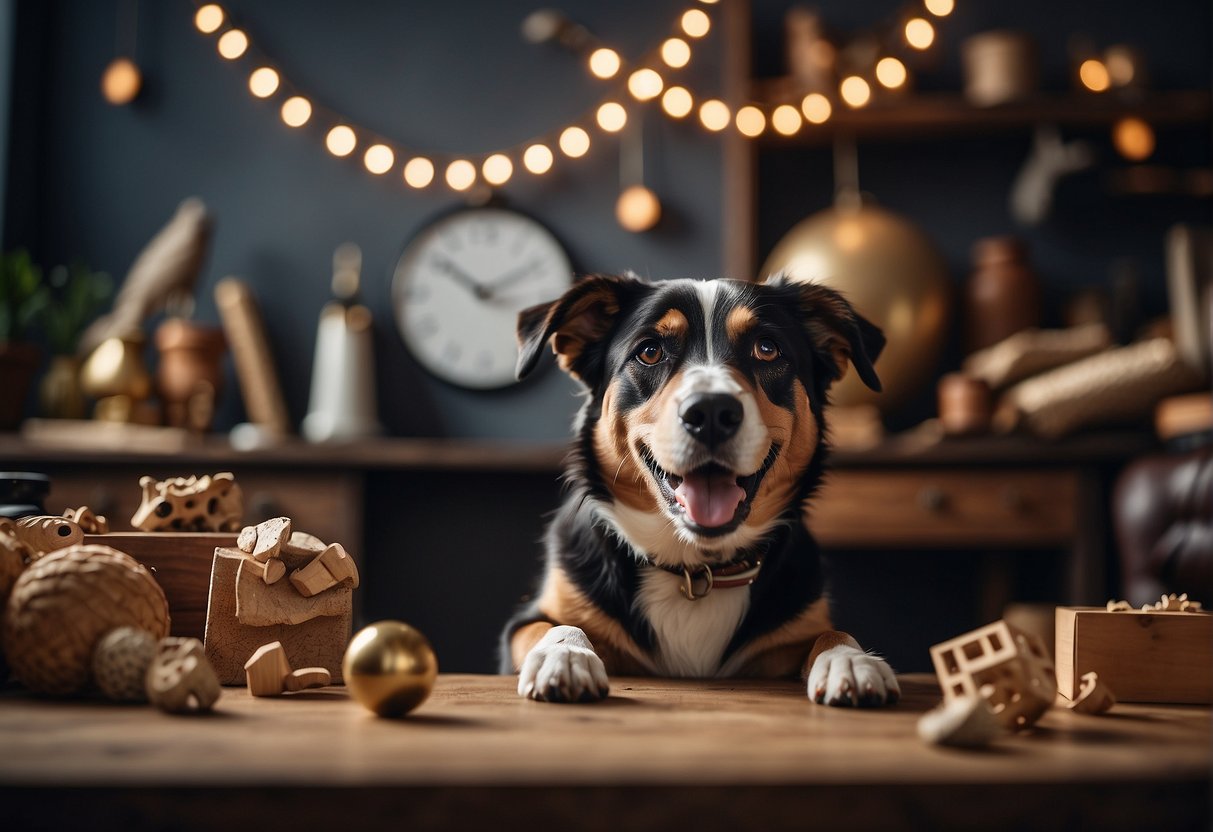 A barking dog with a puzzled expression, surrounded by various objects and activities related to understanding and quieting excessive barking