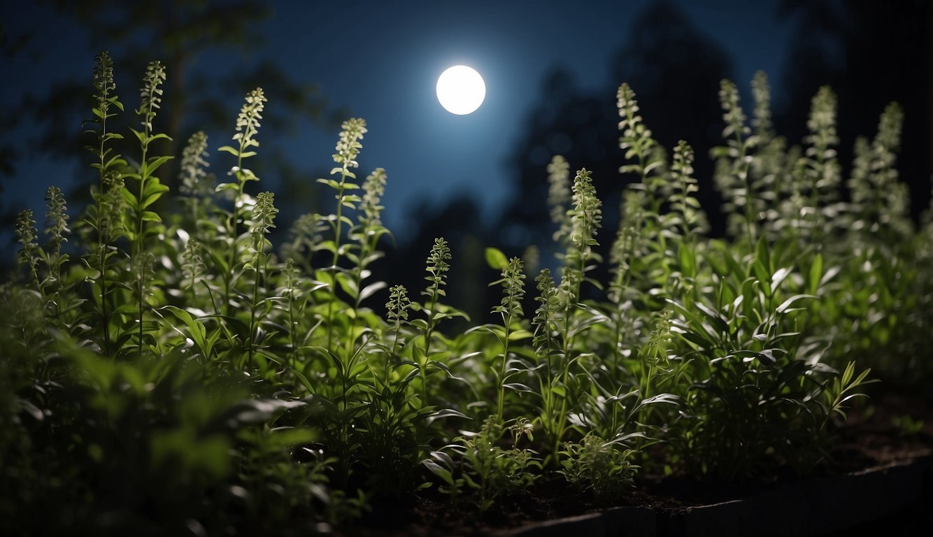 A shadowy garden with Cimicifuga Racemosa plants, surrounded by soft moonlight.

A caretaker gently tends to the plants, ensuring they receive proper care and attention
