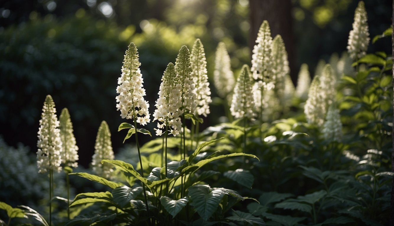 A lush, shaded garden with tall, elegant Cimicifuga Racemosa plants thriving under the dappled sunlight.

The dark, feathery foliage and delicate white flowers create a serene and mysterious atmosphere