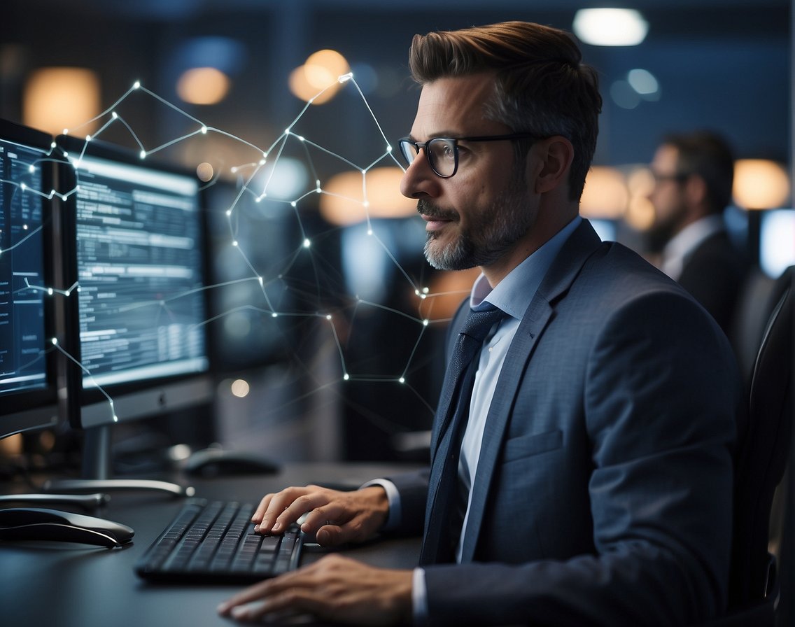 An IT recruiter strategically navigating a network of connections to optimize recruitment processes