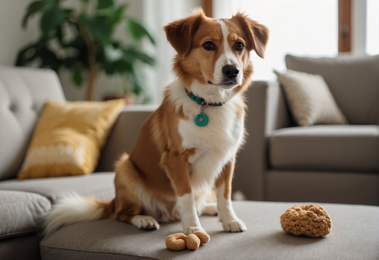 A dog sitting quietly, ears perked, in a peaceful home environment. Surroundings are calm and organized, with toys and treats nearby