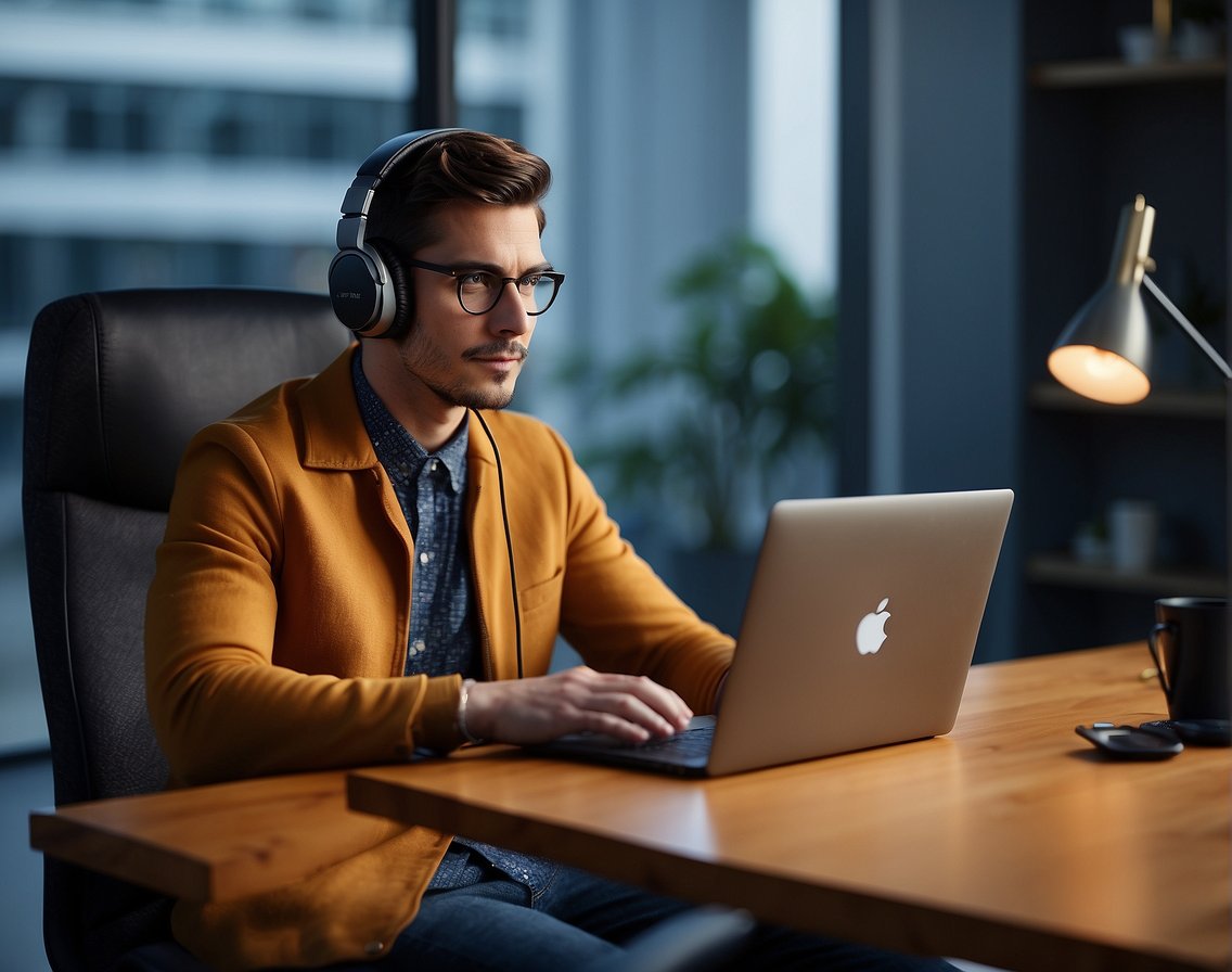 A person sitting at a desk with a laptop and headphones, preparing for a remote interview for an IT role