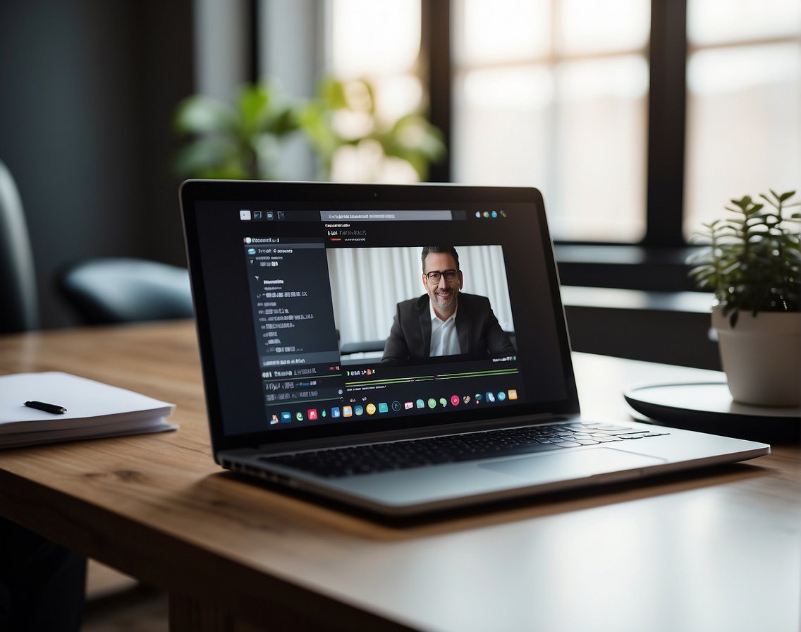 A laptop displaying a video call with a tech interviewer, surrounded by notes and a checklist for mastering remote IT interviews