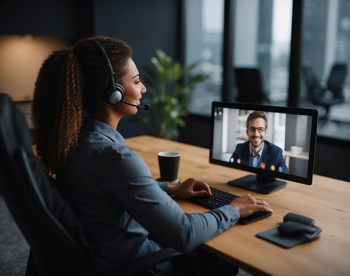 A person sitting at a computer, engaging in a remote interview for an IT role. The screen shows video call interface and the person is seen speaking and gesturing