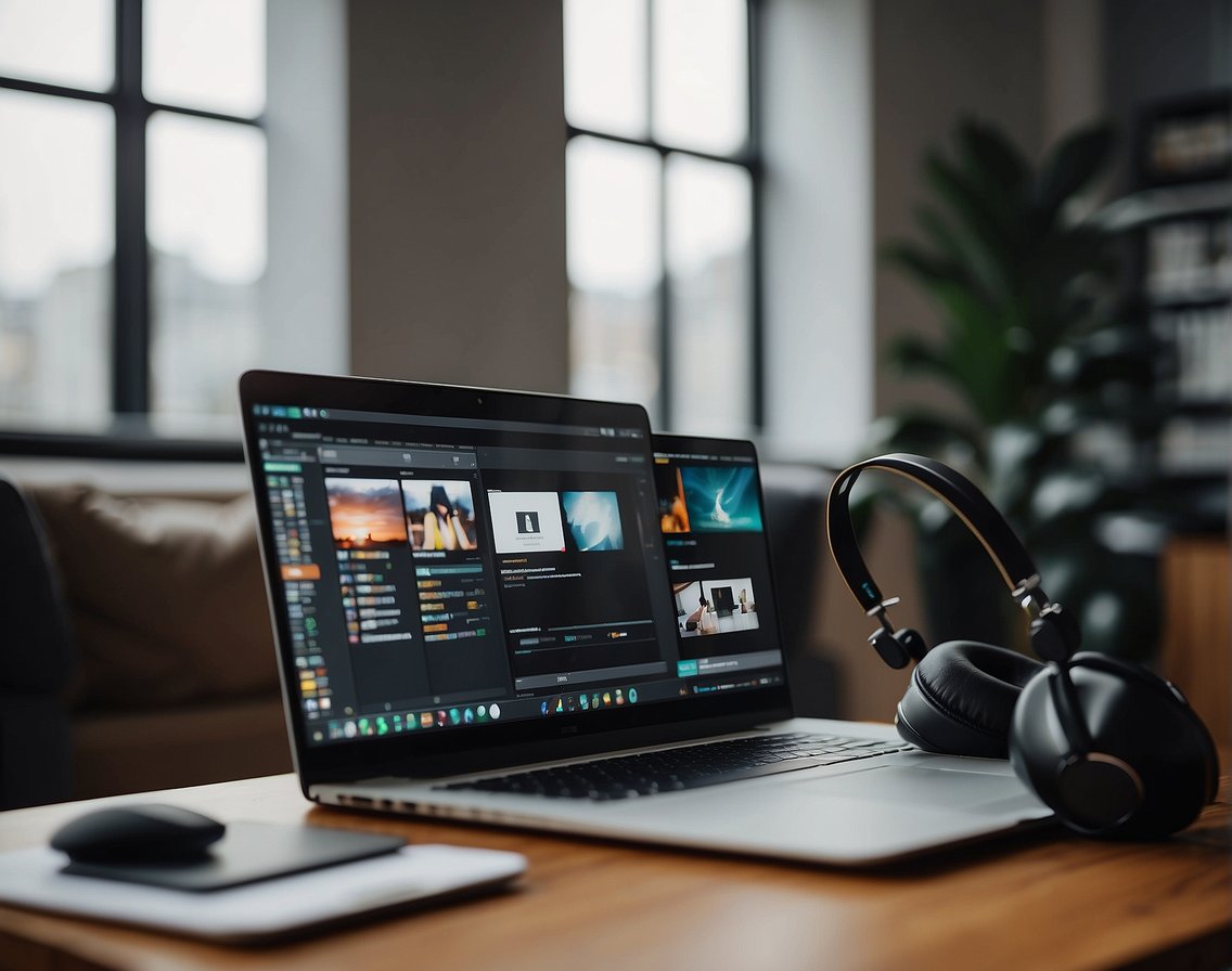 A person sitting at a desk with a laptop, headphones, and a notebook, surrounded by technology and remote interview preparation materials