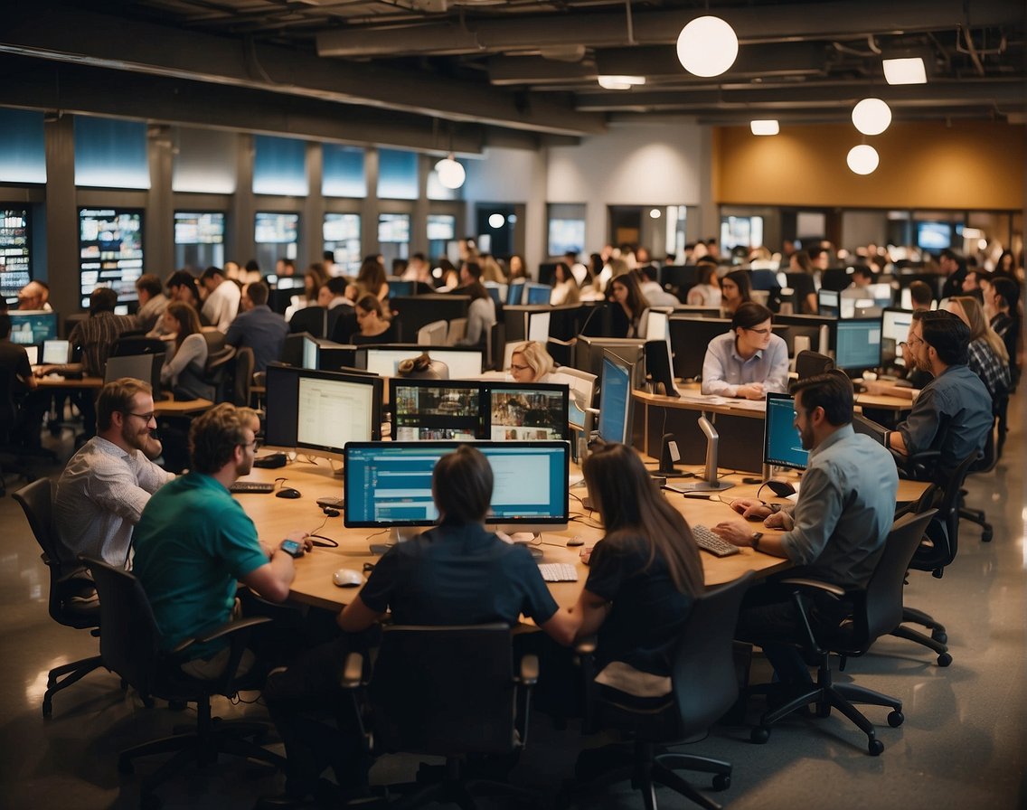 A bustling marketplace of IT professionals networking and collaborating on freelance projects