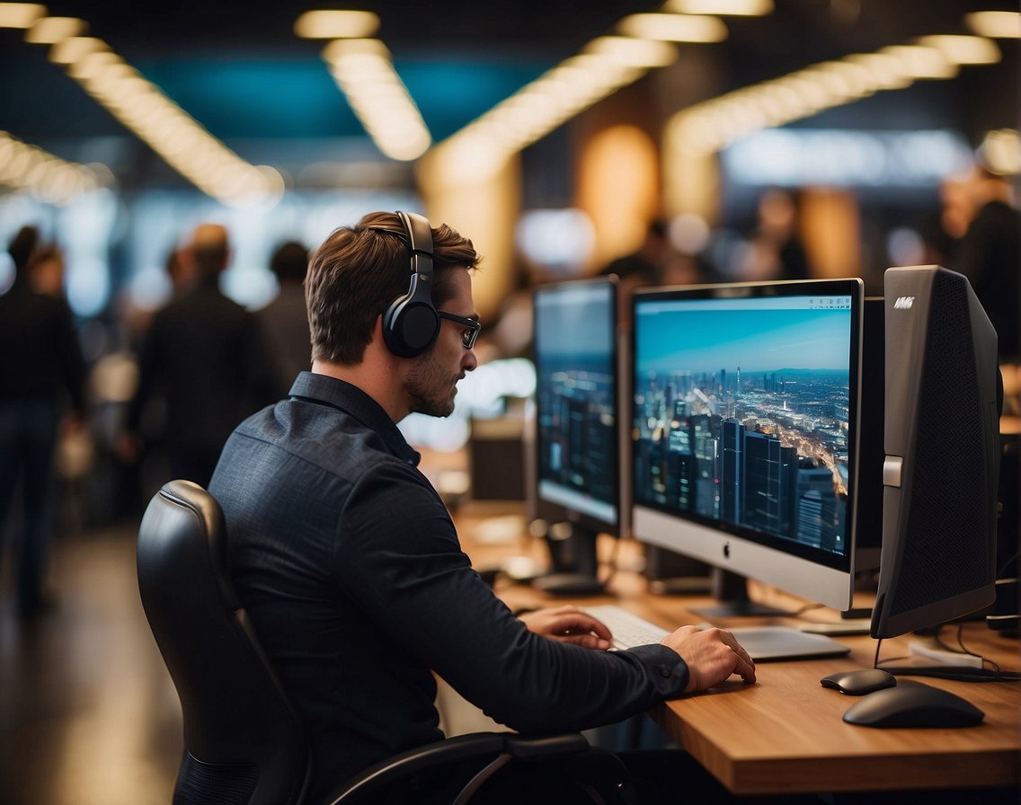 A bustling freelance marketplace for IT professionals, with diverse projects and opportunities