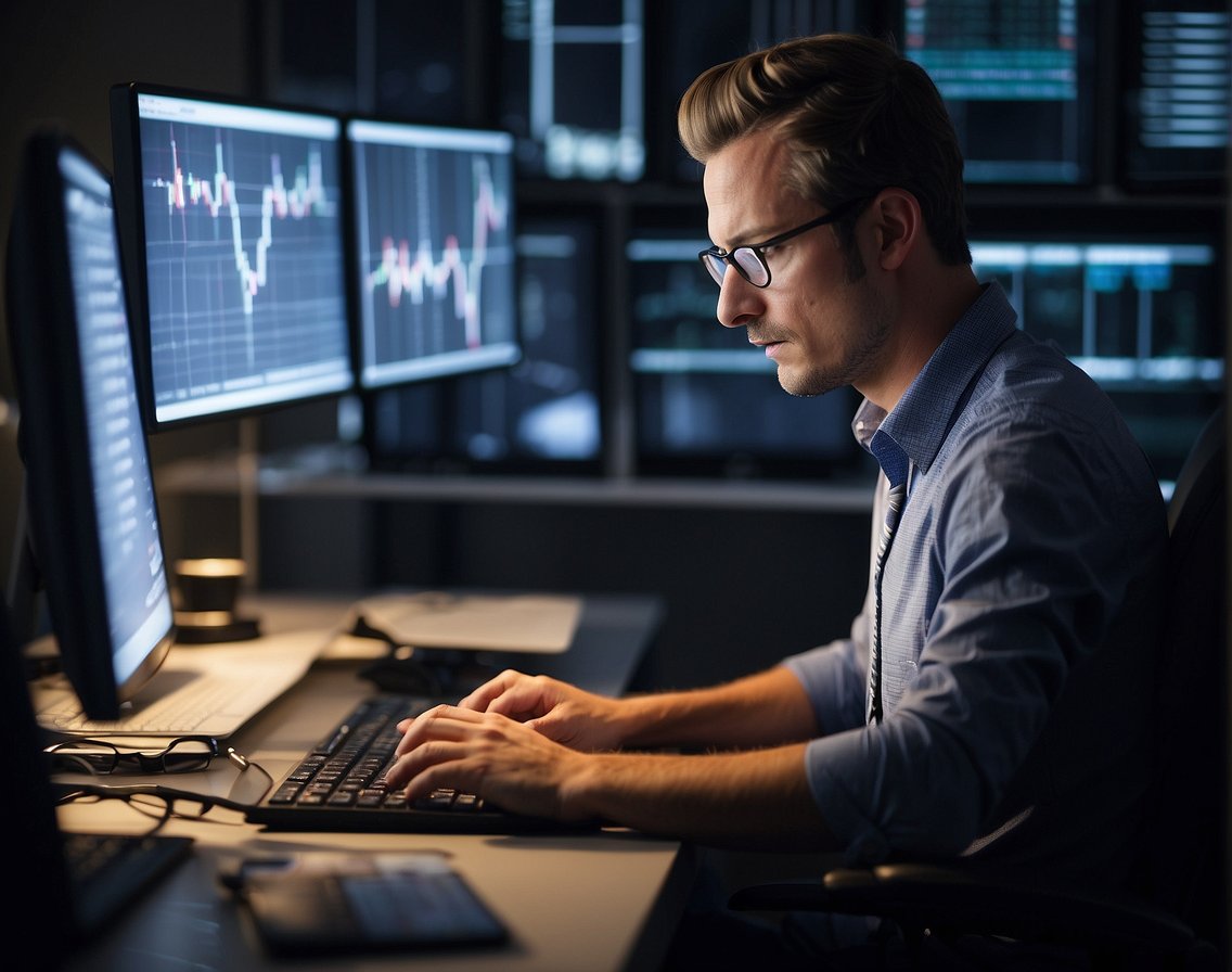 An IT professional managing freelance business, working on computer, surrounded by charts and graphs