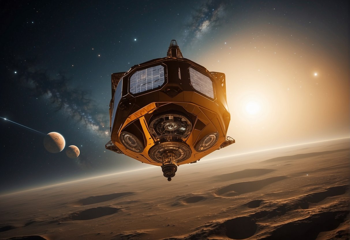 The Hope Probe launches into the vast expanse of space, aiming for Mars. Its sleek design and advanced technology symbolize the UAE's ambitious scientific goals