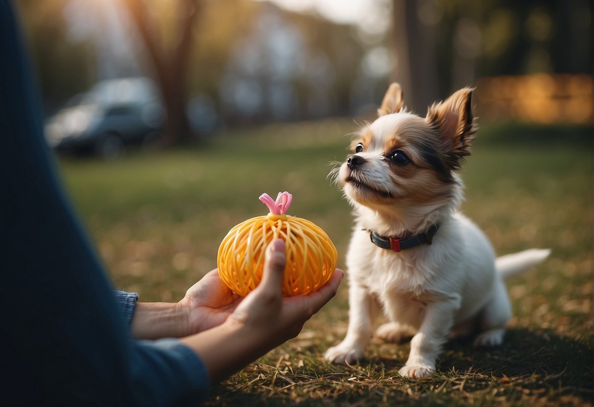 A small dog giving a toy to its owner