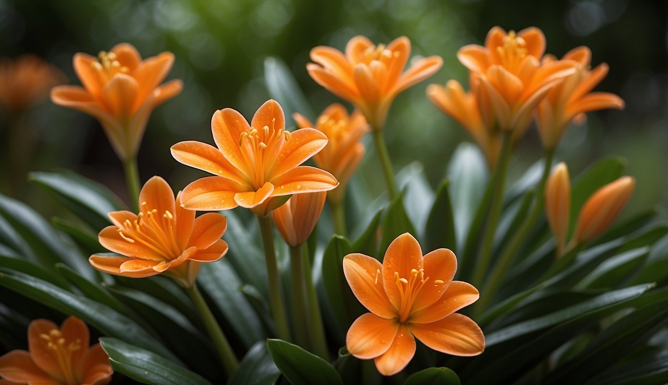 Vibrant orange Clivia Miniata blooms brighten a shaded garden with lush green foliage