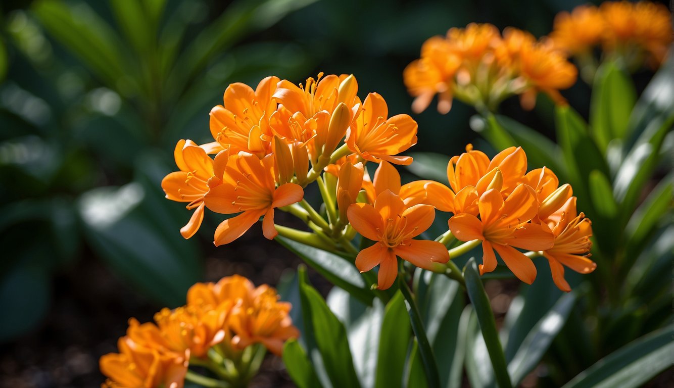 Vibrant orange Clivia Miniata blooms brighten a shady garden.

Glossy green leaves surround the clusters of trumpet-shaped flowers