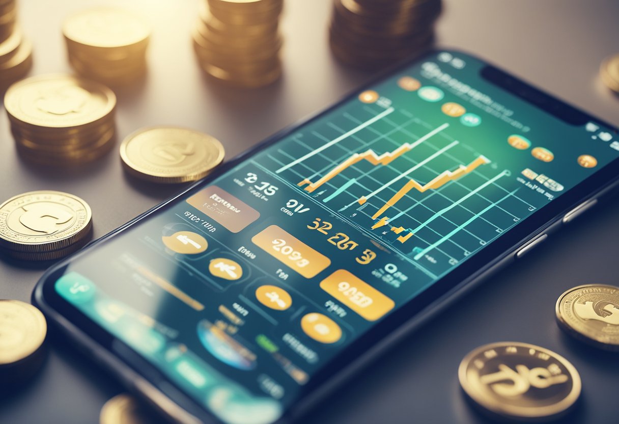 Various money making apps displayed on a smartphone screen with investment and savings icons. Graphs and charts show financial growth and earnings