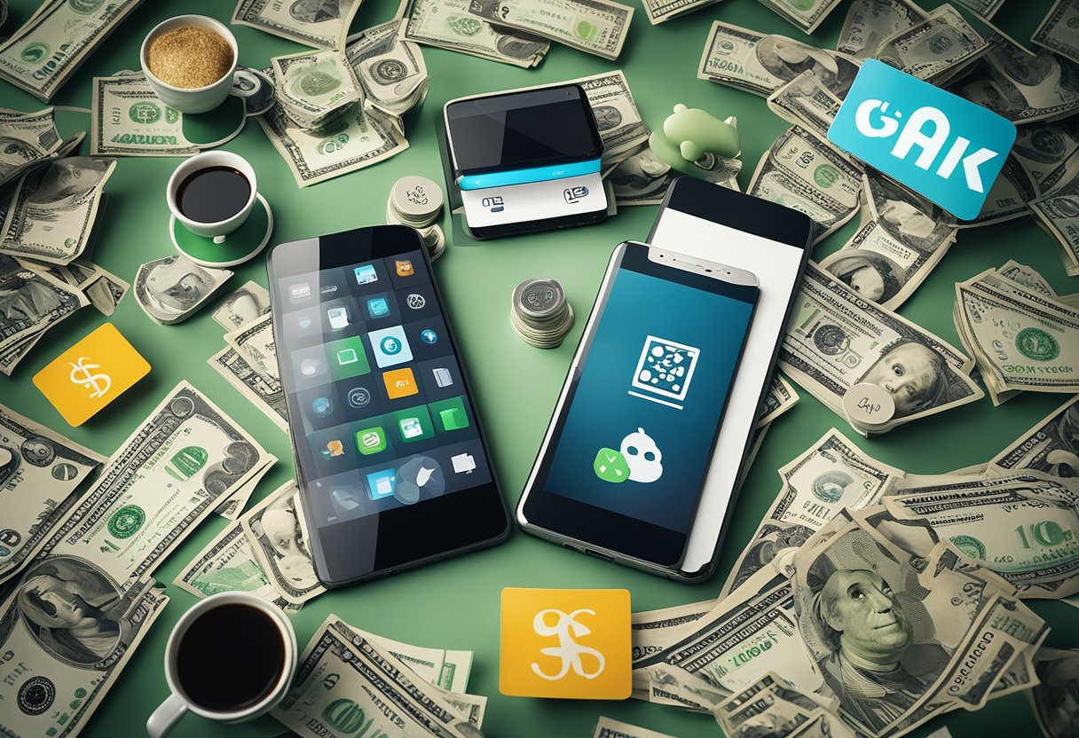 A smartphone with various gig economy app icons displayed, surrounded by money symbols and dollar bills