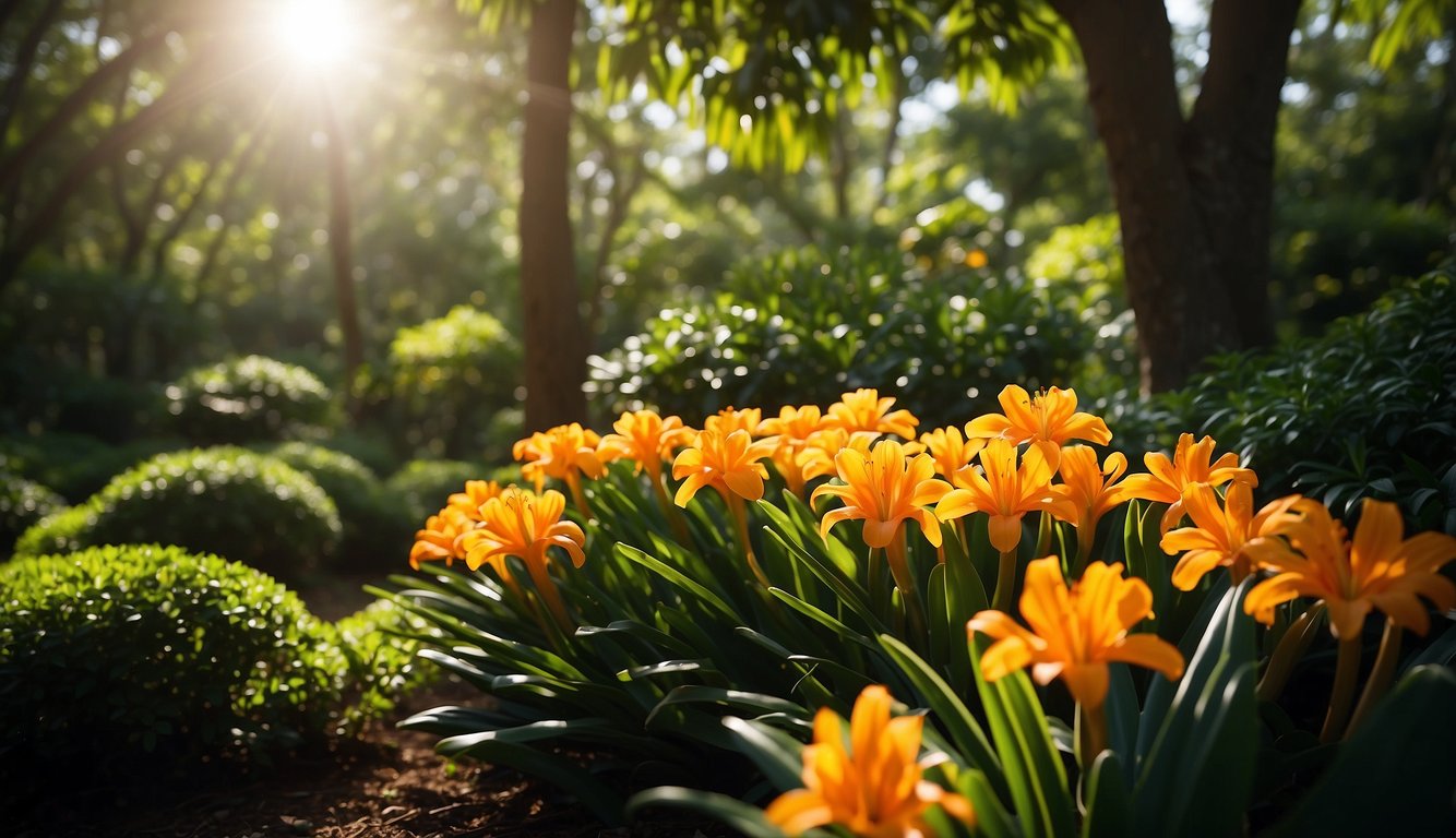 A lush, shaded garden with vibrant orange and yellow Clivia Miniata blooms, surrounded by lush green foliage.

Sunlight filters through the trees, casting dappled shadows on the ground