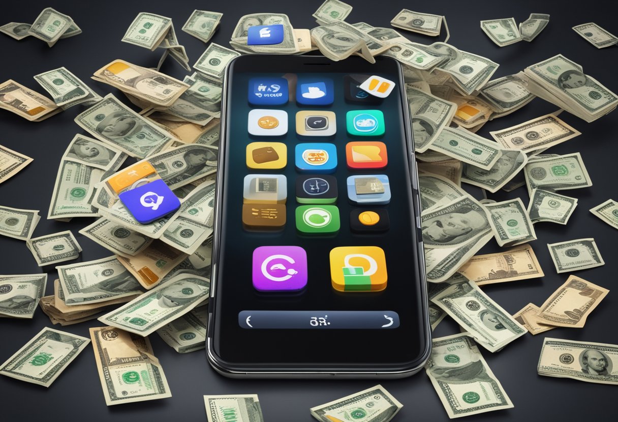 A smartphone with various money-making app icons displayed on the screen. An open wallet with money spilling out next to the phone