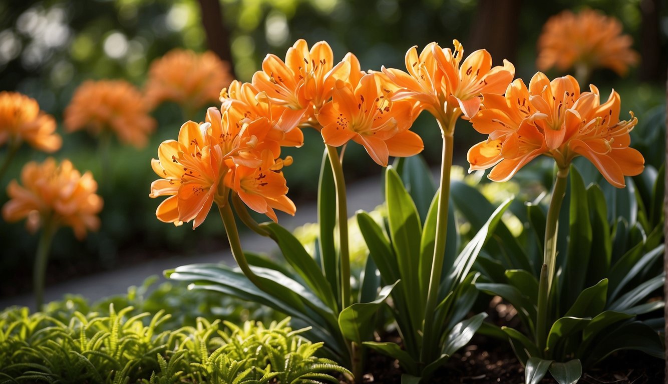 A lush garden with dappled sunlight showcases vibrant Clivia Miniata plants in full bloom, surrounded by lush green foliage.

A beginner's guidebook is open nearby, with a bright and inviting cover