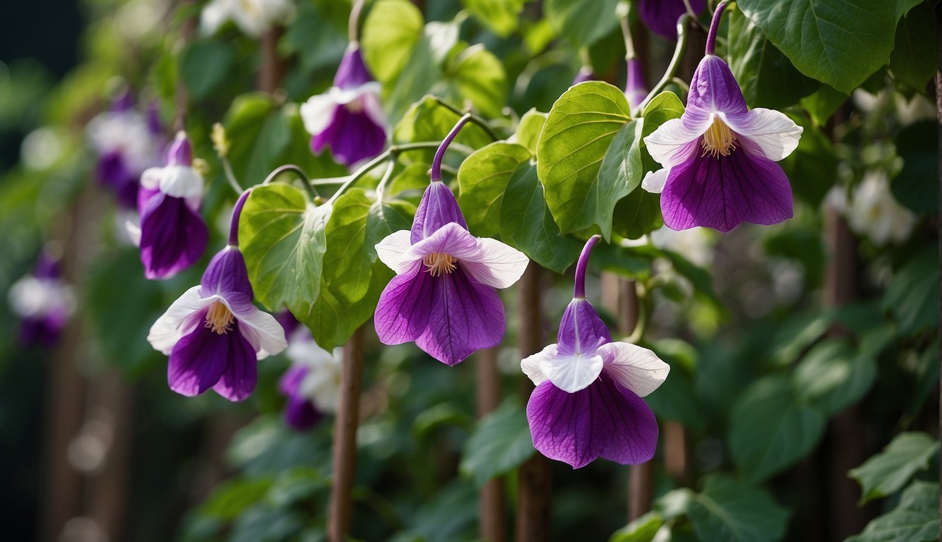 A vibrant cobaea scandens plant climbs a trellis, its delicate cup and saucer-shaped flowers blooming in shades of purple, pink, and white.

Lush green leaves provide a backdrop for the intricate blossoms