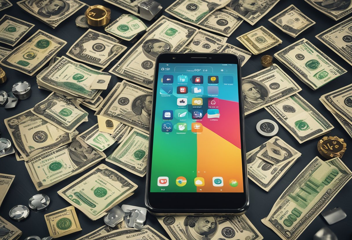 A smartphone surrounded by various icons representing different money-making apps