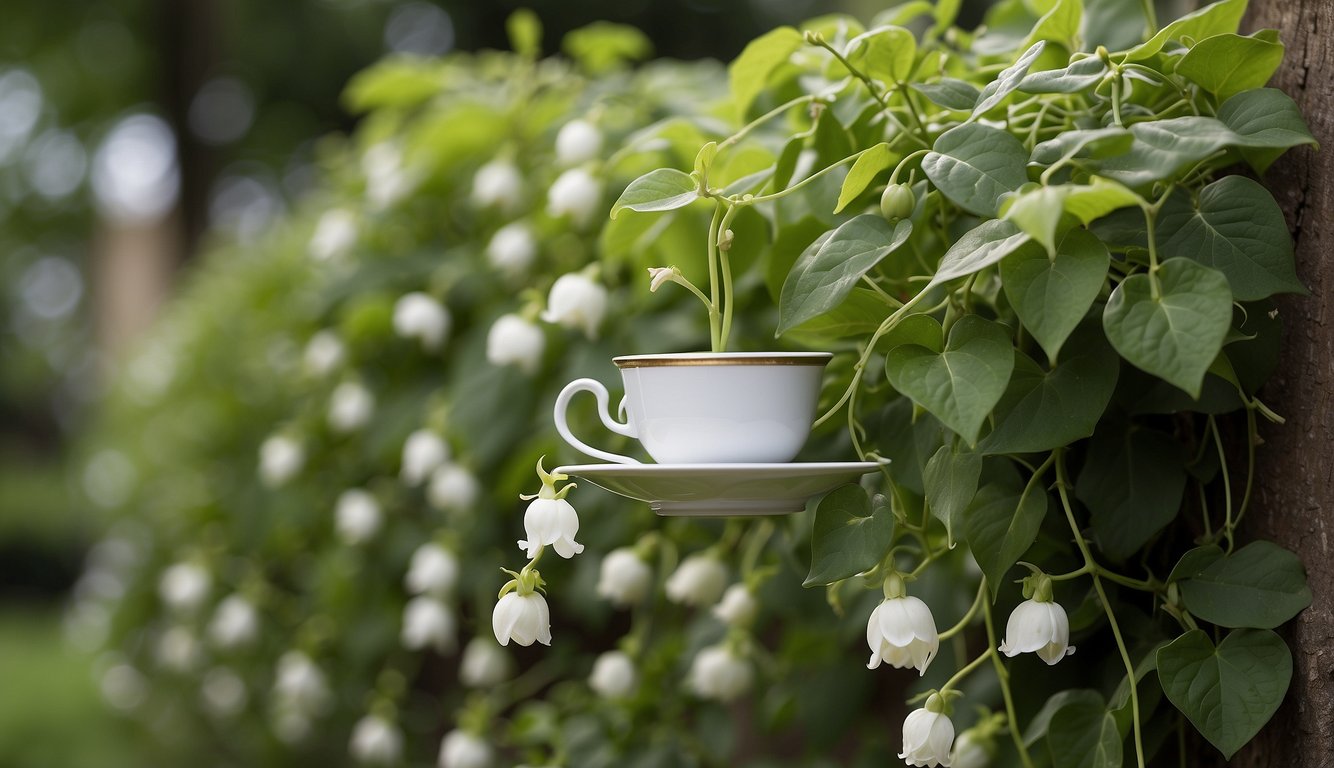 The Cup and Saucer Vine climbs a trellis, its delicate, bell-shaped flowers dangling gracefully.

Lush green leaves provide a backdrop, while tendrils reach out for support
