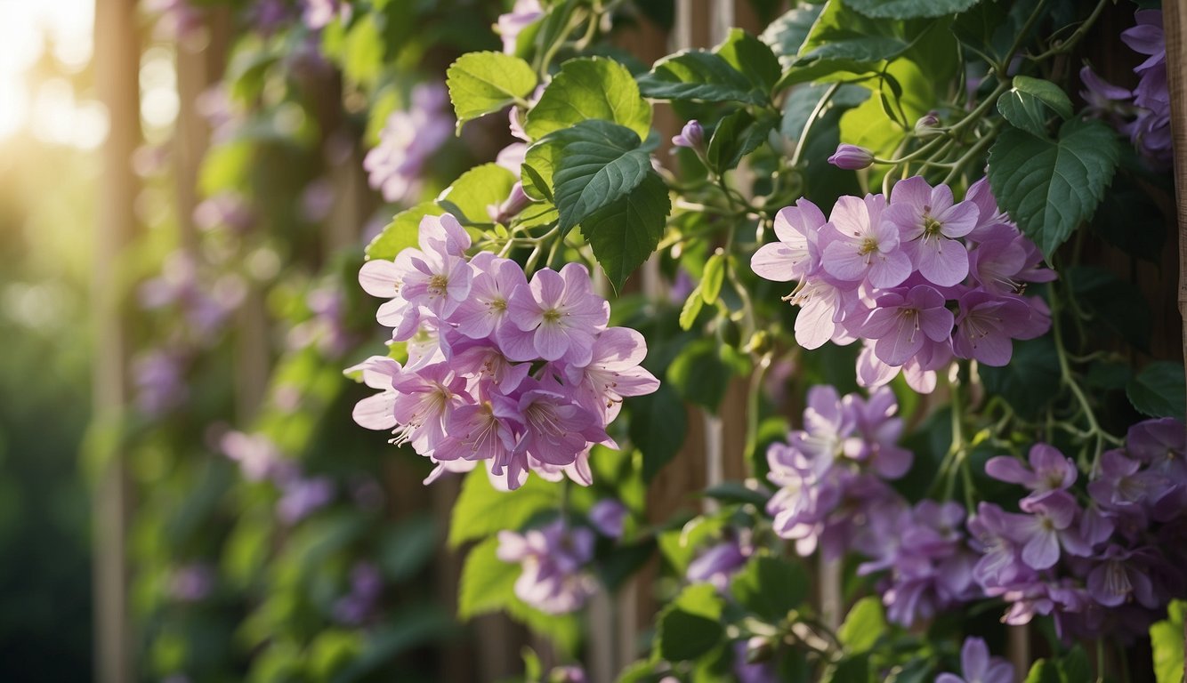 Lush green leaves climb up a trellis, delicate tendrils reaching out.

Vibrant purple and white cup-shaped flowers bloom, attracting buzzing bees