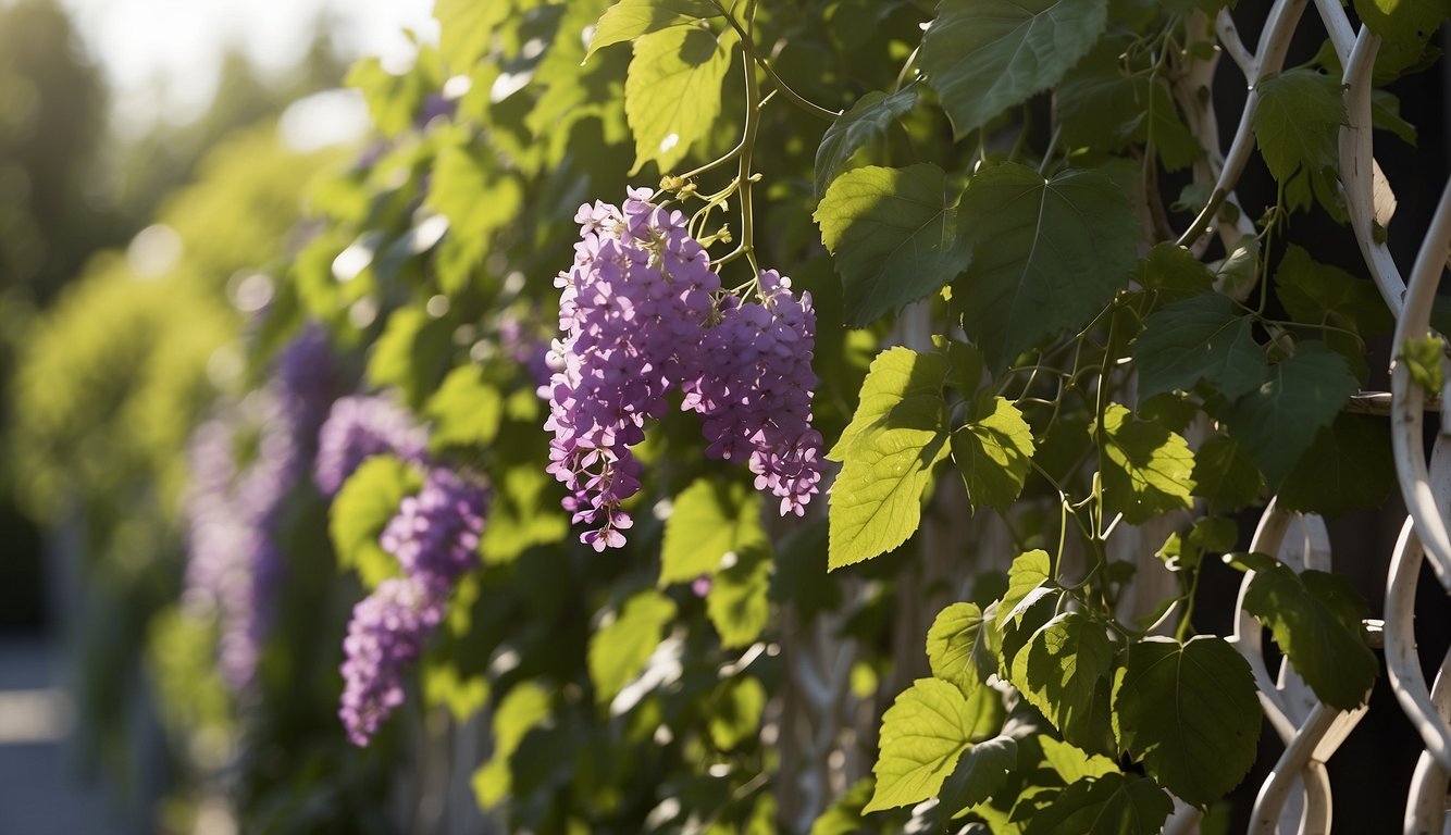 Lush green vines climb a trellis, adorned with delicate, bell-shaped flowers in shades of purple and white.

Bright sunlight filters through the leaves, casting dappled shadows on the ground