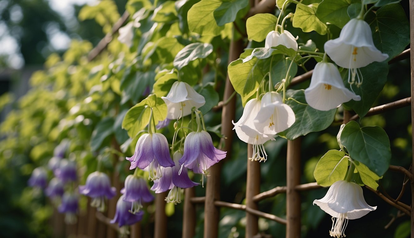 A vibrant cobaea scandens plant climbs a trellis, adorned with delicate cup and saucer-shaped flowers in various stages of bloom.

Lush green leaves provide a backdrop to the intricate floral display