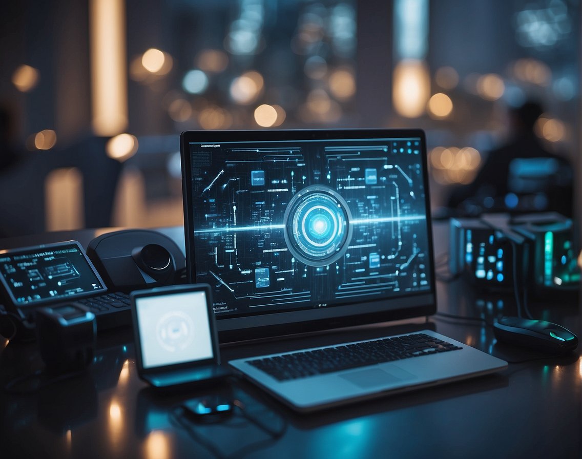 The scene shows various technological elements shaping the future of IT recruitment, such as computers, coding symbols, and futuristic interfaces