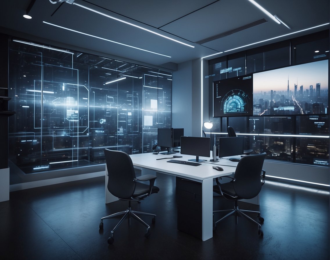 A futuristic office with digital recruitment tools and technology shaping the future of IT recruitment