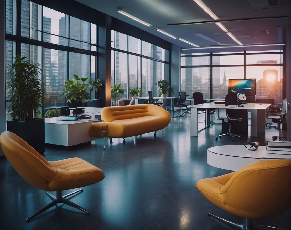 A futuristic office space with sleek technology, vibrant branding, and engaging employee benefits, shaping the future of IT recruitment