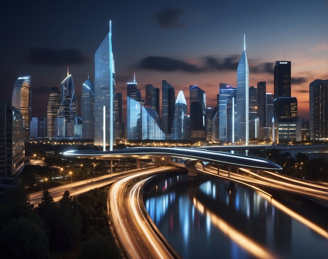 A futuristic cityscape with educational institutions and technology companies interconnected by roads and bridges, symbolizing the trends of competence development and career growth shaping the future of IT recruitment