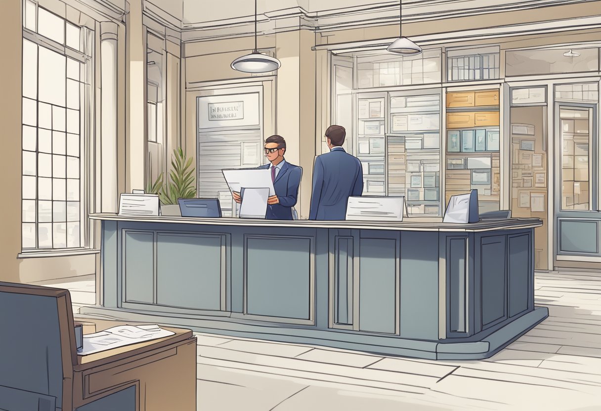 A person walks into a bank, fills out forms, and provides identification to open a new account