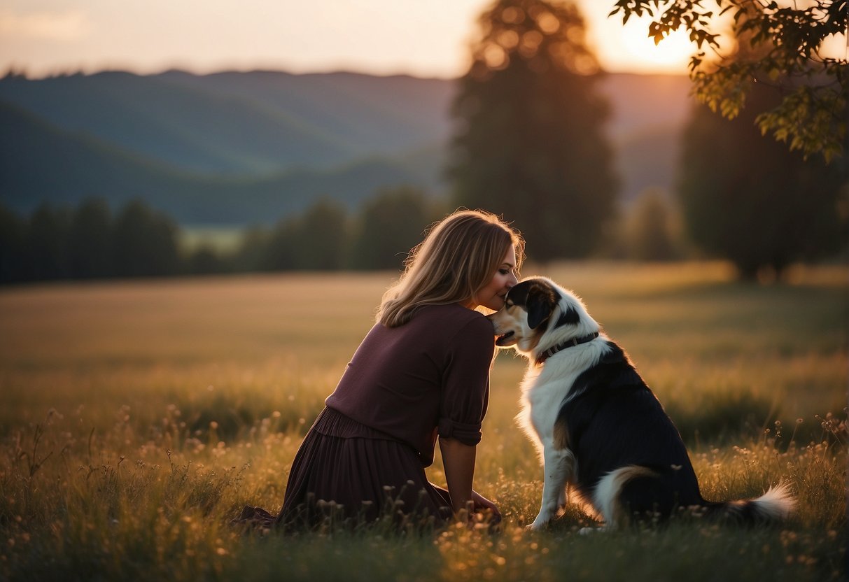 A woman and her dog in a loving embrace, surrounded by a warm and peaceful atmosphere