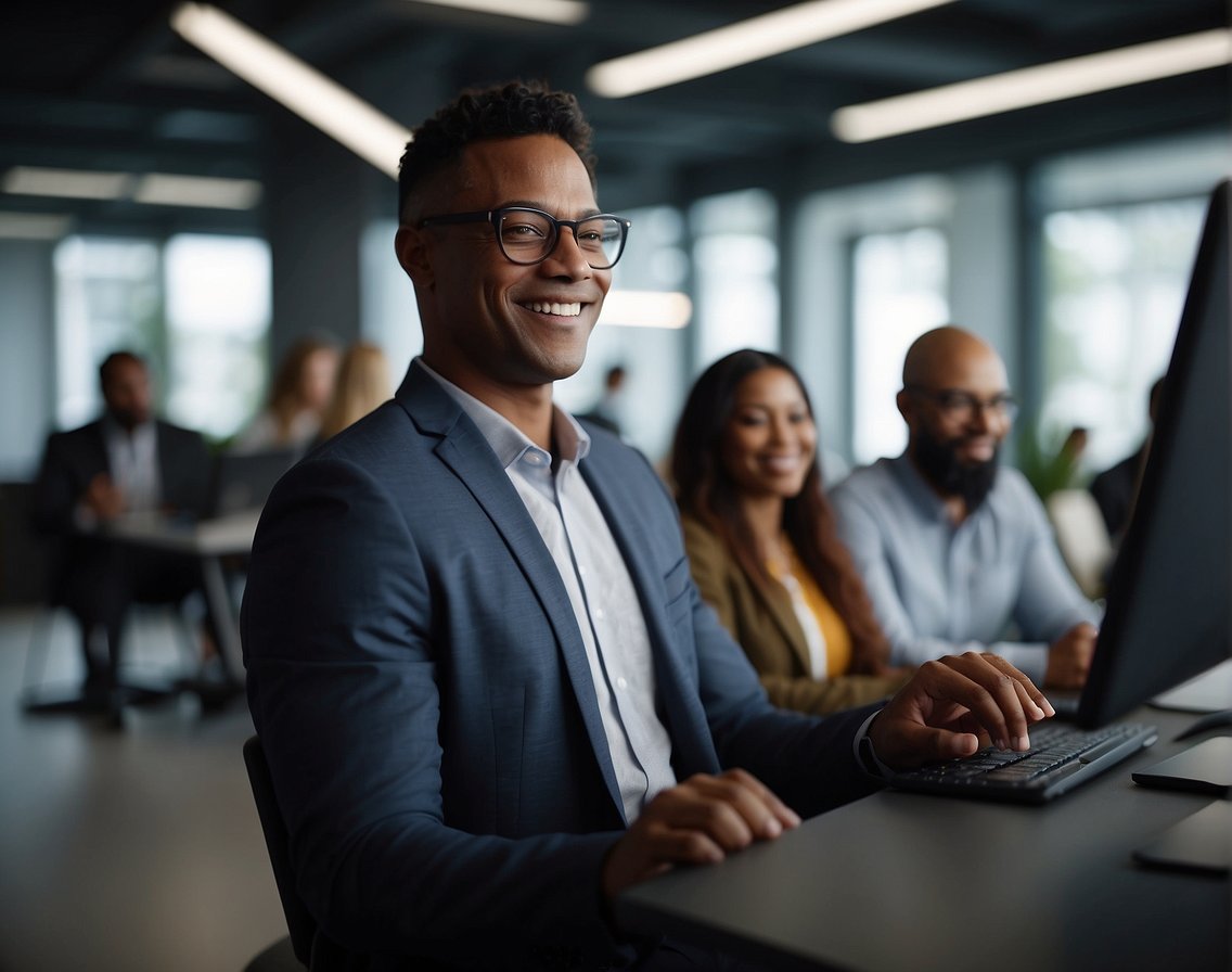A group of diverse professionals brainstorming and collaborating in a modern office setting to develop a recruitment strategy for technology companies