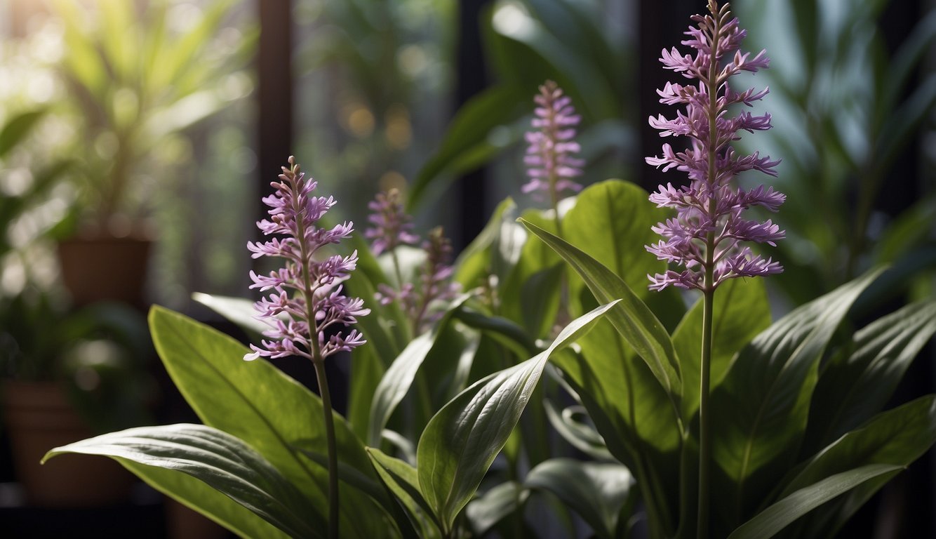 A vibrant Cochliostema Odoratissimum plant sits in a sunlit room, surrounded by other tropical flora.

Its long, slender leaves and delicate purple flowers create a striking and elegant display