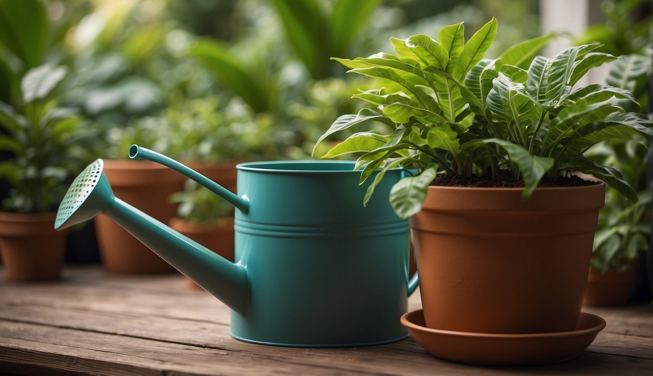 Bright, tropical setting with lush green foliage.

A vibrant Cochliostema Odoratissimum plant sits in a decorative pot. Surrounding it are various gardening tools and a watering can