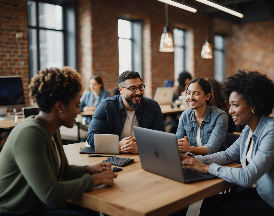 A diverse group of professionals collaborating in a tech company, representing various genders, ethnicities, and abilities. They are working together in an inclusive and supportive environment