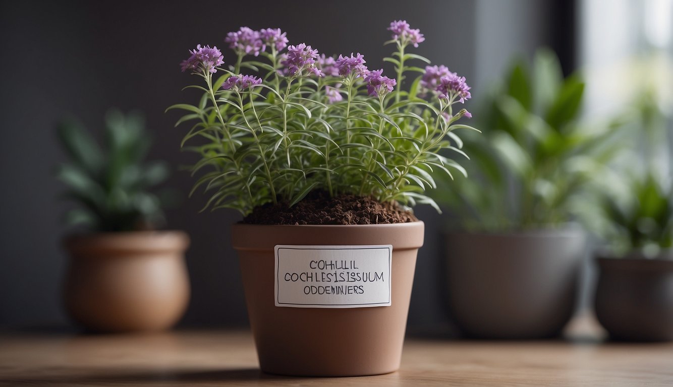 A lush green plant with delicate purple flowers sits in a decorative pot.

A small tag reads "Cochliostema Odoratissimum: Care and Interesting Facts for Beginners."
