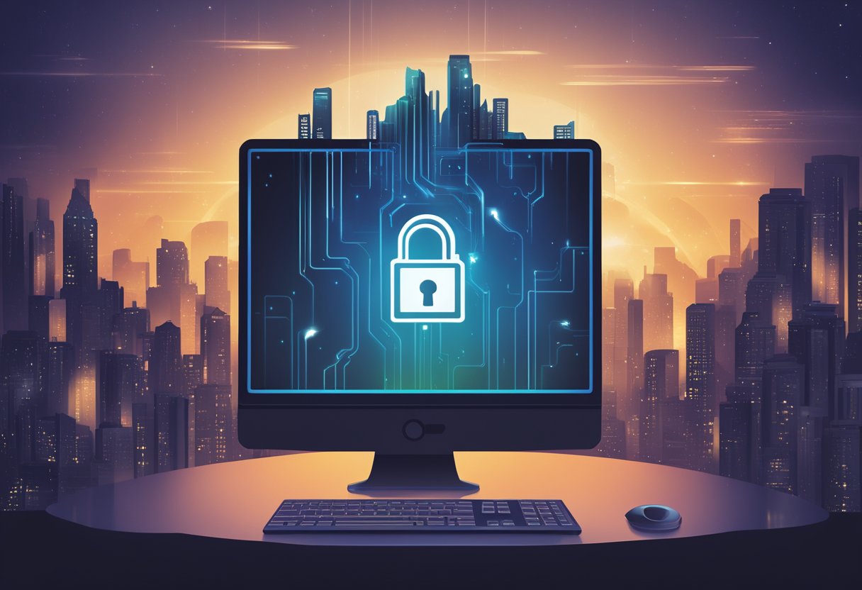 A computer screen with a locked file icon and a key symbol hovering above it. The background could be a dark and mysterious digital landscape